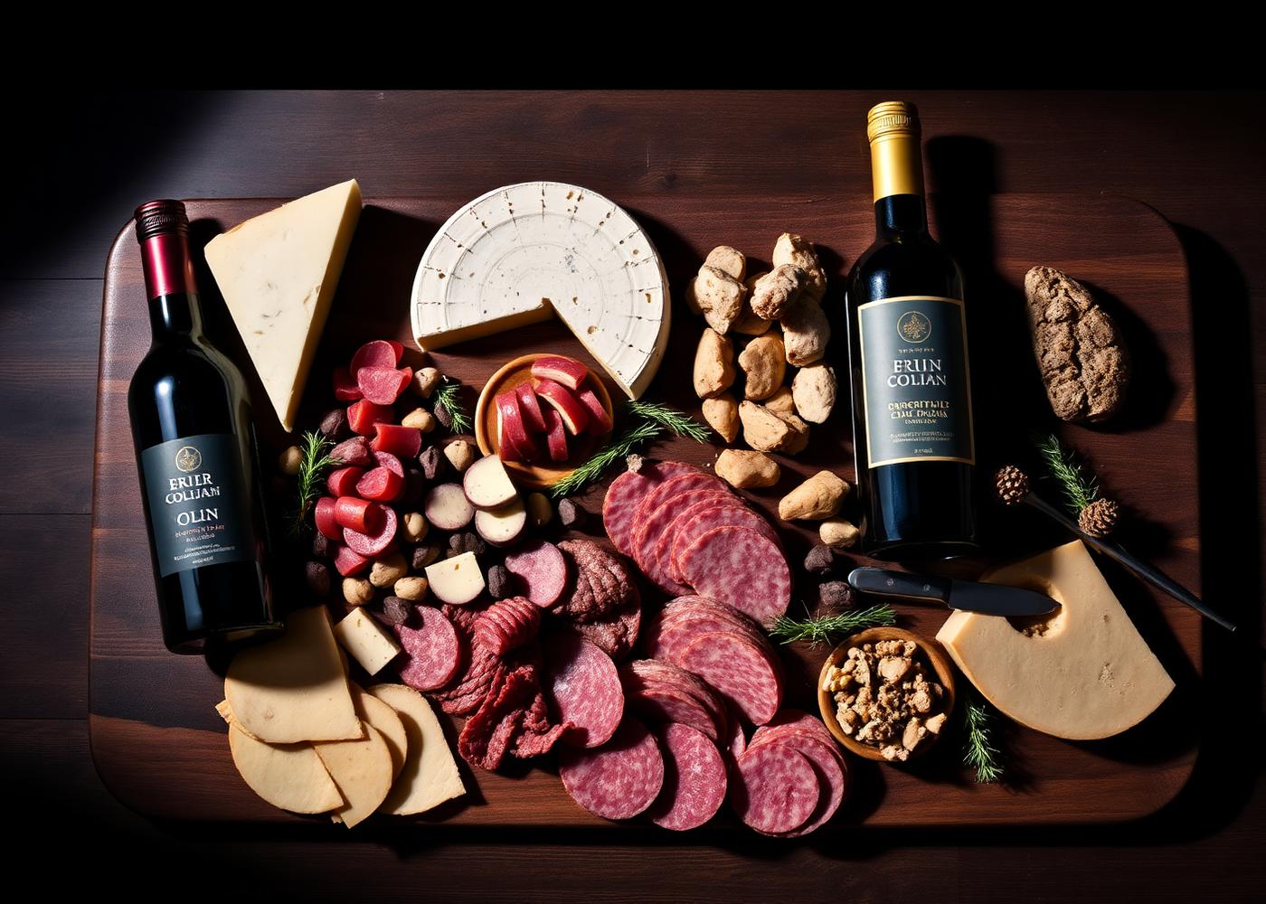 Sélection de charcuterie, fromages et vins